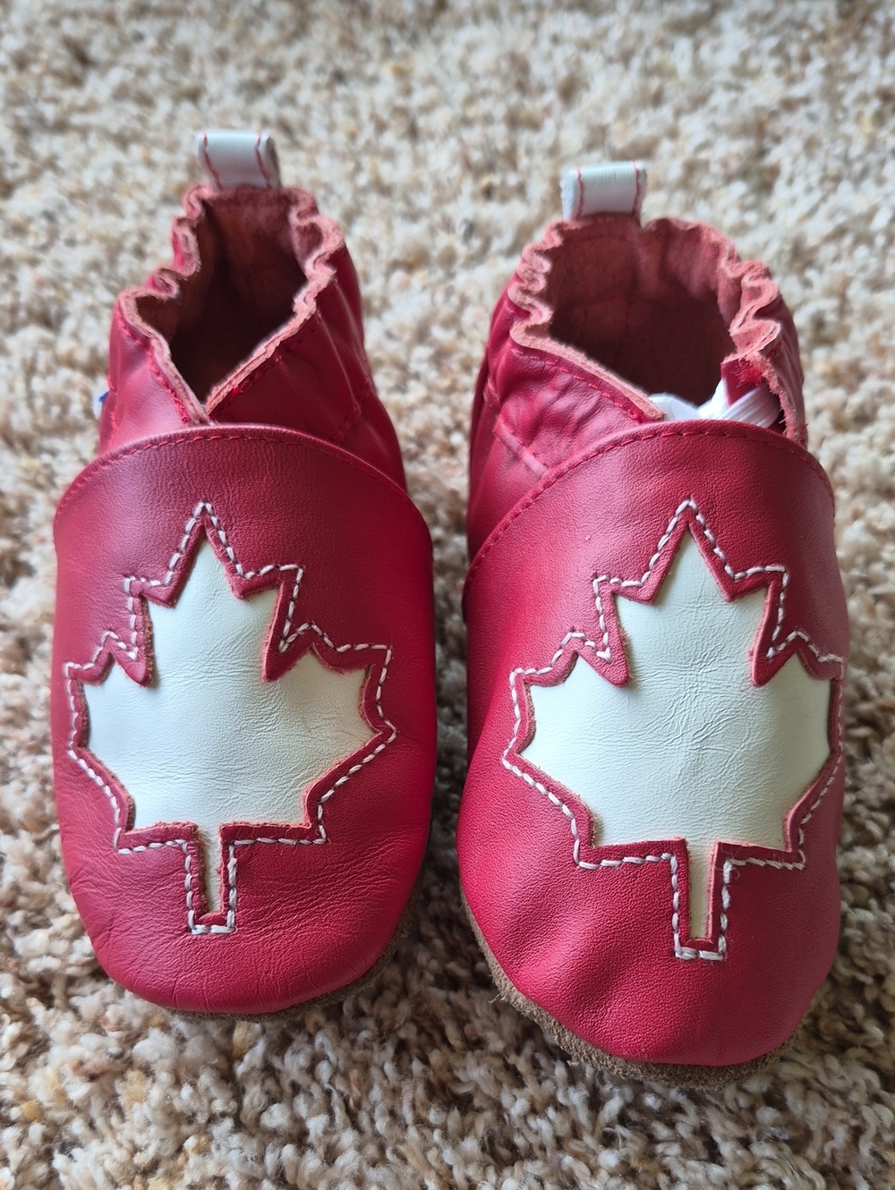 Robeez Red Leather Moccasin Baby Slip-Ons with White Maple Applique, 12-18 Month